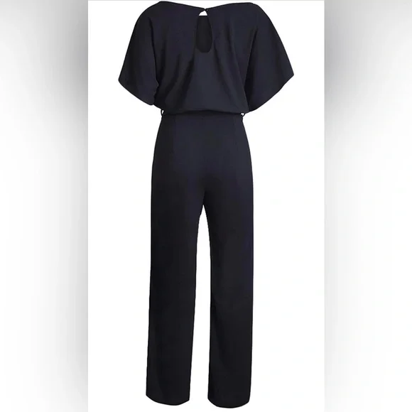 NWOT Women Casual Loose Short Sleeve Belted Wide Leg Pant Romper Jumpsuits Black - Picture 5 of 5